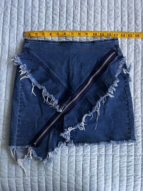 Frayed Edge Dark Blue Denim Mini Skirt with unique zipper style